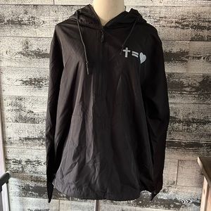 100% polyester black pullover jacket with Christian graphic.